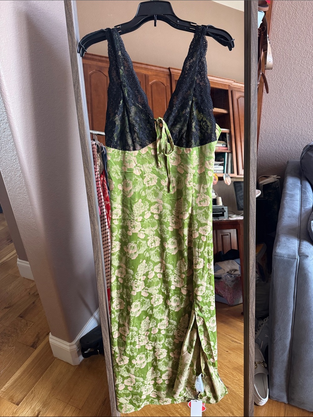 NWT Cider Floral Green Satin Slip Dress